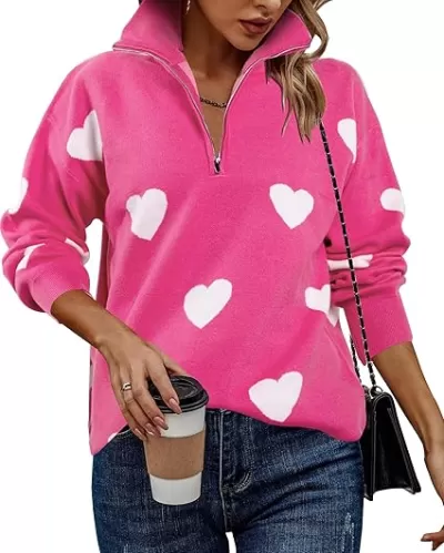 Love Heart Sweater Quarter Zip Sweater Women V Neck Valentines Pullover Sweatshirt Ribbed Knitted Loose Slouchy Tops