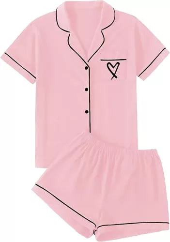 LYANER Women's Pajamas Set Heart Print Button Short Sleeve Shirt with Shorts Sleepwear PJs Set