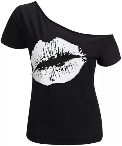 MAGICMK Women’s Short Lips Print Causal Off The Shoulder Plus Size T-Shirt Tops