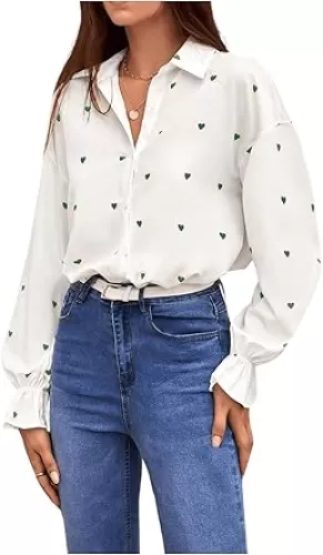 MakeMeChic Women's Print Long Sleeve Collar Shirt Heart Print Button Front Casual Work Office Blouse Tops