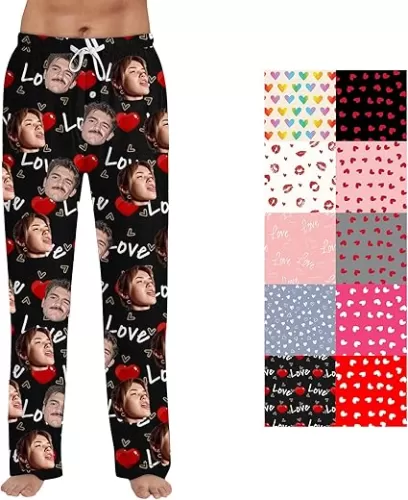 Mens Custom Pajamas Pants Plaid Heart Personalized Funny PJ Pant Design with Face Pajama