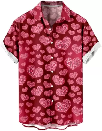 Men's Hawaiian Shirt Valentines Day Heart Short Sleeve Beach Button Down Causal Top Print Tropical Hawaii Shirts