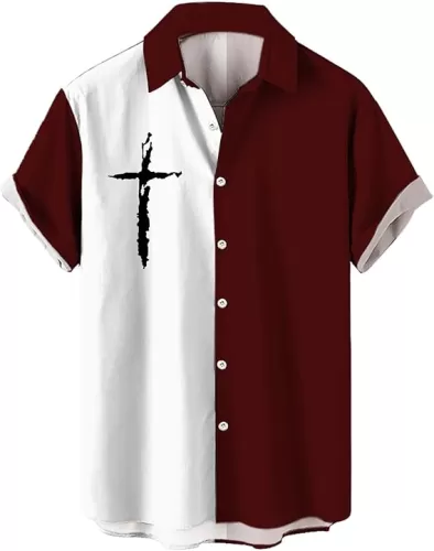 Mens Plus Size Shirts Christian Cross Graphic Short Sleeve Casual Button Down Shirt Color Block Vacation Hawaiian Top