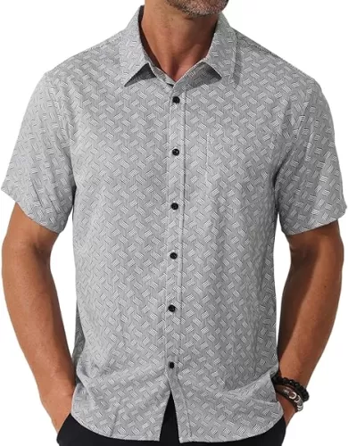 Mens Short Sleeve Casual Button Down Graphic Printed Shirt Summer Untucked Business Pattern Dress Shirts with Pocket