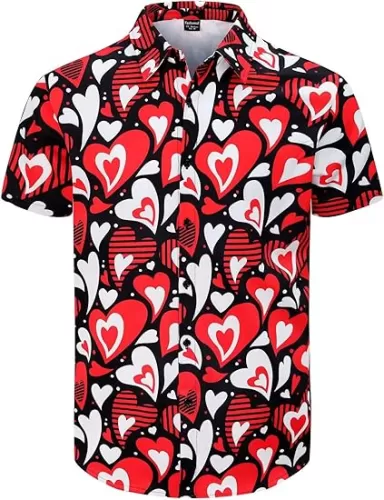 Men's Valentines Day Shirt Heart Print Button Down Collared Short Sleeve Hawaiian Shirt, S-4XL