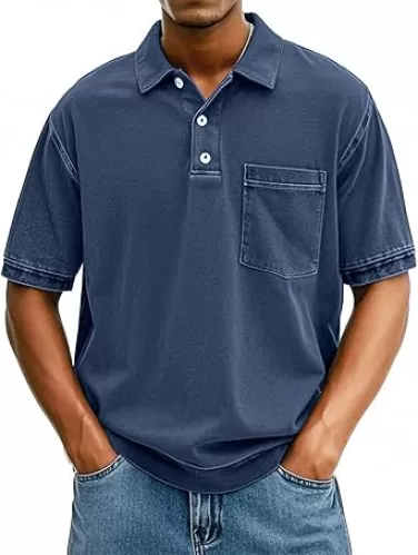 Mens Vintage Washed Polo Shirts Classic Fit Pullover Shirts Summer Lapel Button Tops Casual Retro Distressed Tee Top