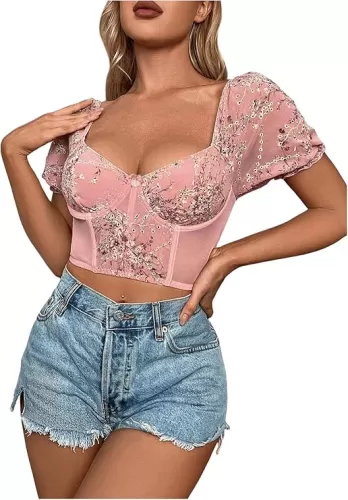 Milumia Women's Floral Lace Puff Sleeve Sweetheart Neck Bustier Corset Crop Top