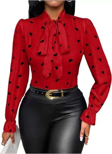 Milumia Women's Heart Print Tie Neck Long Sleeve Blouses Elegant Loose Shirts