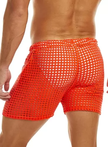 MIZOK Men's Mesh Short Sexy Fishnet See Through Boxer Shorts Lounge Swim Cover