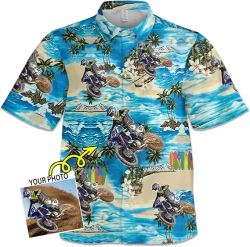 Motocross Personalized Photo Hawaiian Shirt For Motocross Dirt Bike Lovers By Kool-Kool, Short Sleeves Aloha shirt For MX Riders, Father's day Xmas Gift For Dirt Biker Boyfriend, husband, dad ((HAW2)