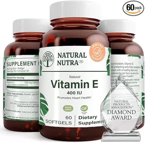 Natural Nutra Vitamin E 400 IU Supplement, Enrich Health Nutrients, Promotes Skin Health, Enhance Hair & Nails Growth, Supports Body Fat Level, Helps Heart Health & Protects Skin Texture, 60 Soft gels