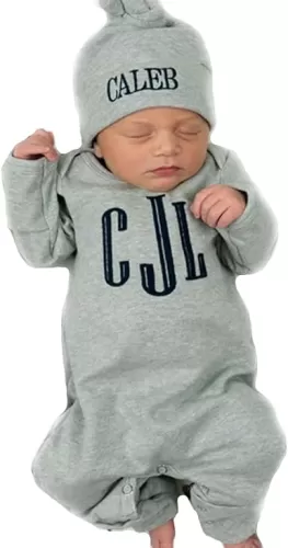 Newborn Coming Home Outfit with Custom Monogram - Embroidered Romper, Sleeper & Hat Set - Super Soft Footie Pajamas for Baby Girl and Boy White