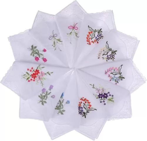 Olgaa 20pcs Women Floral Handkerchiefs Vintage Floral Embroidered Cotton Ladies Handkerchiefs, White, 28cmx28cm