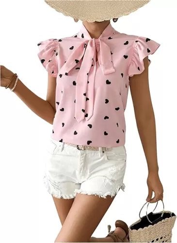 OYOANGLE Women's Elegant Cap Sleeve Blouse Heart Print Bow Tie Neck Ruffle Office Shirt Tops