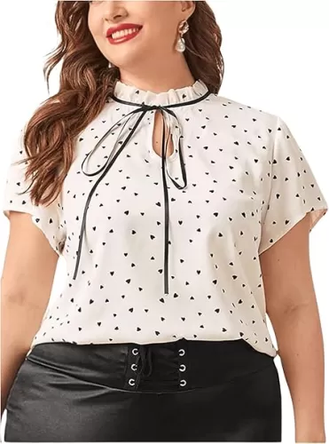 OYOANGLE Women's Plus Size Heart Print Tie Neck Short Sleeve Work Office Summer Blouse Tops