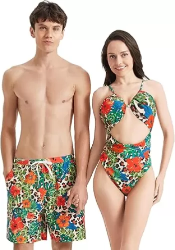 PATPAT Matching Swimsuits for Couples - One Piece Tummy Control High Waisted Bathing Suit and Swim Trunks Swimwear Set