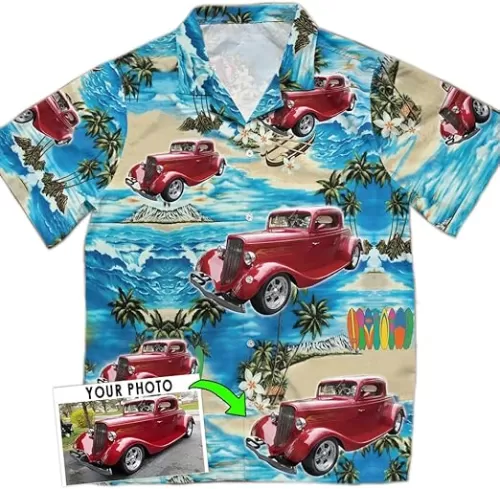 Personalized Classic Car Hot Rod Hawaiian Shirt, Muscle Car Hot Rod Xmas Gifts, Classic Vintage Car Hawaiian Shirt, Custom Car, Street Rod Rat Rod Apparel (HAW2), (Blue, White)