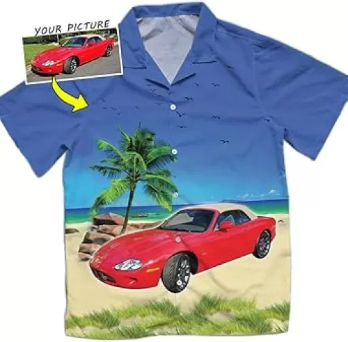 Personalized Classic Vintage Car Hawaiian Shirt, Muscle Car Hot Rod Gifts, Custom Car Aloha Shirts, Unique Gift for Car Enthusiast, Luxury Modern Car Sport Car Hot Rod Apparel (HAW11)(Blue)