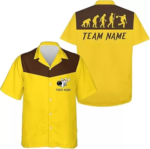 Personalized Evolution Bowling Hawaiian Shirts Custom Retro Bowling Team Button Up Shirts Yellow N6890