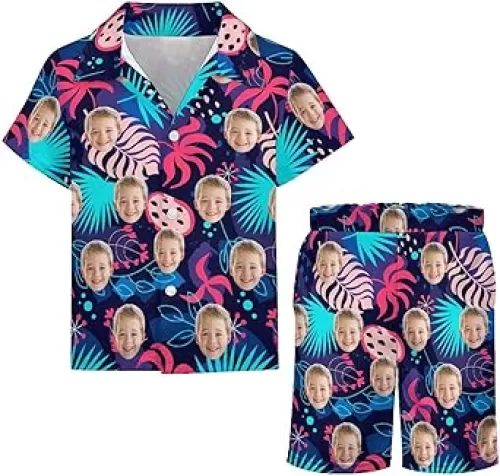 Personalized Face Photo Kids Hawaiian Shirt and Short Set, Custom 4-12 Years Boys Girls Swim Trunks 2 Piece Outfit