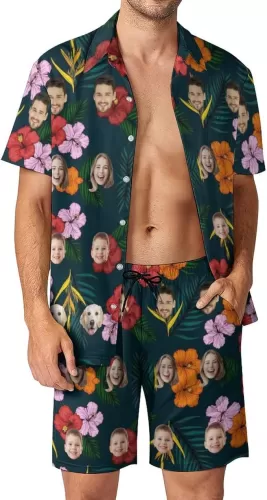 Personalized Hawaiian Shirts for Men|Custom Hawaiian Shirt with Face Custom 1-6 Photo Tropical Flower and Palm Leaf Shirt Set