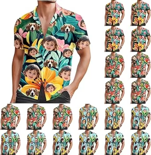 Personalized Hawaiian Shirts with Custom Photo - Short Sleeve Face Printed Flowy Comfy Aloha Shirt for Men and Women