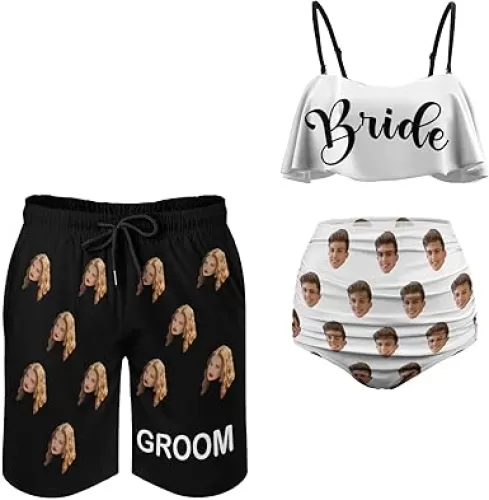 Personalized Matching Swimsuits for Couples, Bride Groom Swimsuits, Husband Wife Bathing Suits Bachelorette Party