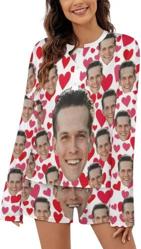 Personalized Pajama Set for Women Love Photo Name Print Long Sleeve Pull On Nightwear S-5XL