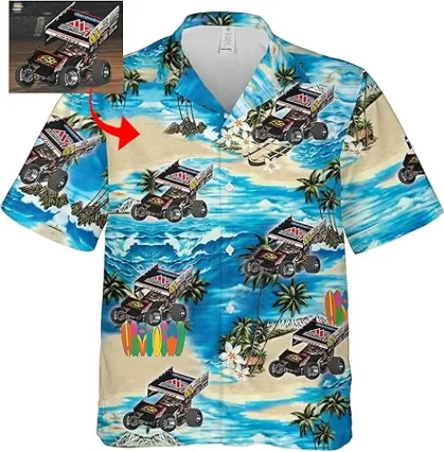 Personalized Photo Hawaiian Shirt for Dirt Track Racing Sprint car Lovers, Short Sleeves Relaxed fit, Birthday for Sprint car Late Models Boyfriend, Husband, dad(HAW2) Black