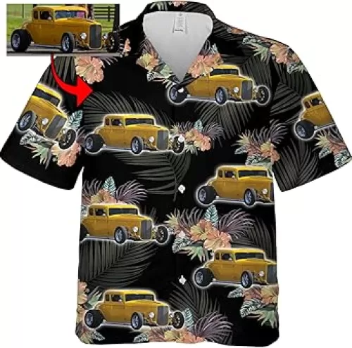 Personalized Photo Hawaiian Shirt for Hot Rod Lovers, Short Sleeves Aloha Shirt, Birthday Xmas for Hot Rod Street Rod Rat Rod Husband, dad, Grandpa(HAW6) Black