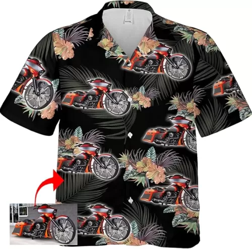 Personalized Photo Hawaiian Shirt for Motorcycle Lovers, Short Sleeves Aloha Shirt for Bikers, Birthday Xmas for Biker Boyfriend, Husband, dad(HAW6) Black