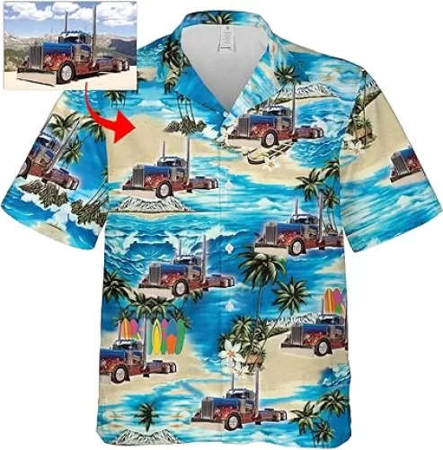 Personalized Photo Hawaiian Shirt for Trucker Big Rig Semi-Truck Lovers, Short Sleeves Relaxed fit, Custom Birthday Xmas Gifts for Trucker Boyfriend, Husband, dad (HAW2) Black