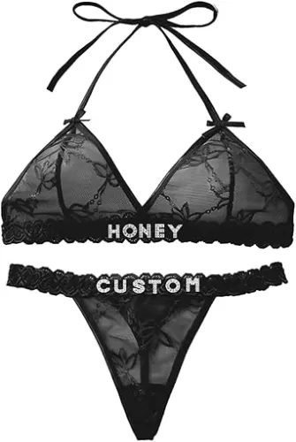 Personalized Thong and Bra Set with Hand-sewn Names On It - Custom Name Underwear Panty Sets for Couples, Women