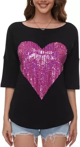 PESION Women's Sparkly Sequin Heart Love Shirts 3/4 Sleeve Loose Tunic Tops Boat Neck Love T-Shirt Tees