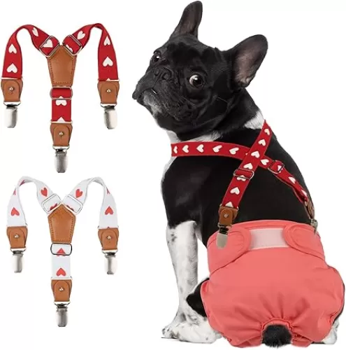 Pet Soft Dog Suspenders 2 Pieces Female Dog Diaper Suspenders for Dogs Diaper Keeper Suspender for Dogs Skirt, Dress, Diapers (Cute Hearts, XS/S)