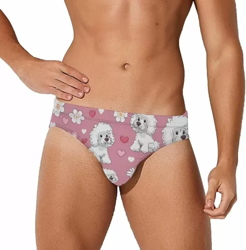 Poodle Dogs Hearts Flowers Mens Swim Briefs Bikini Swimwear Print Beach Shorts Sexy Swimsuit