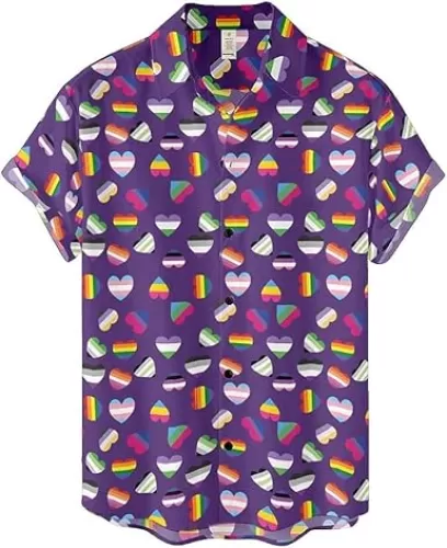 Pride Flag Heart Print LGBT Gay Trans Bi Ace Queer Hawaiian Vintage Shirt Mens Button Down Tropical Hawaii Beach Shirts, Short Sleeve Button Down Shirt, Aloha Beach Shirt, Summer Shirt