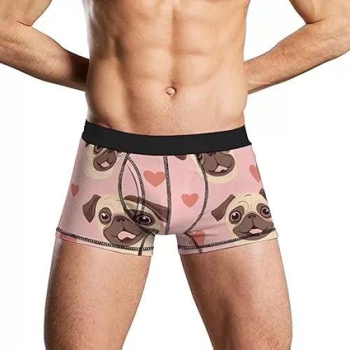 Pug Dogs And Hearts Tight Boxer Briefs for Men Soft Breathable Sports Underwear Underpants Stretch Trunks