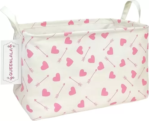 QUEENLALA Rectangular Laundry Hamper/Foldable Nursery Laundry Basket for Organizing/Storage Bin Baskets/Children Toy Office Bedroom/Toy Bin Closet Shelf Baskets（Rec-Pink-Heart Arrow）