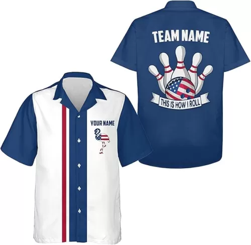 Red White and Blue Bowling Hawaiian Shirts Custom American Flag Flamingo Bowling Button Up Shirts N6872