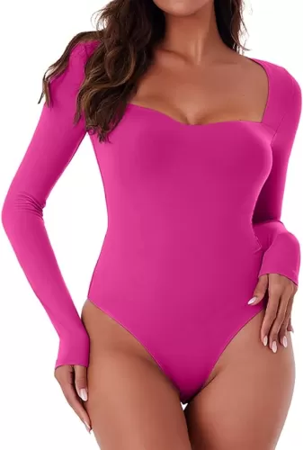 REORIA Womens Sweetheart Neck Sexy Long Sleeve Double Lined Bodysuit Body Suit Going Out Thong Top