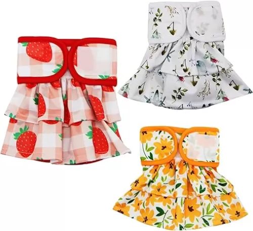 Reusable Dog Diapers for Female Dogs 3 Pack Washable Dog Panties Diaper Skirt Flower Love Heart Print Puppy Diapers Shorts for Dogs in Heat, Period