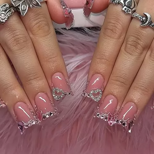 Rhinestones Press on Nails Medium Duck Fake Nails with 5D Heart Charm Design 3D Diamond Gem False Nails Glossy Skin Tones Stick on Nails Duckbill Glue on Nails for Women Girls Manicure 24Pcs