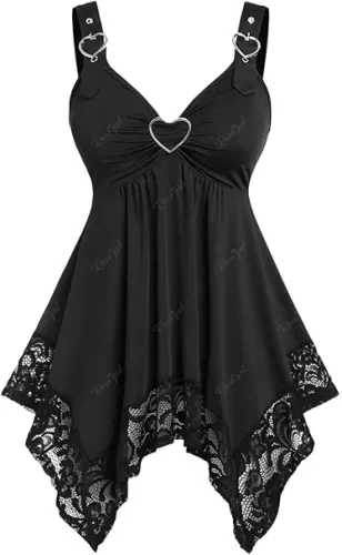 Rosegal Plus Size Women Heart Ring Buckled Casual Summer Sleeveless Blouse Flowy Lace Handkerchief Hem Tank Top