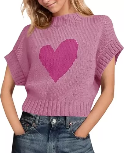 Saodimallsu Womens Cap Sleeve Cropped Sweater Mock Neck Cute Heart Loose Valentine Knit Tank Tops