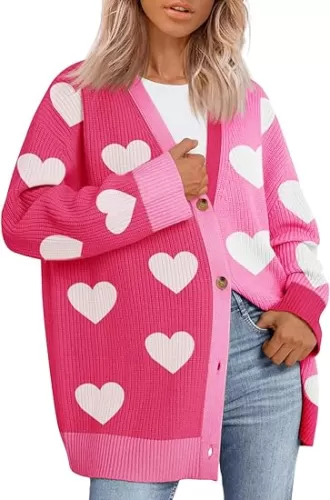 Saodimallsu Womens Heart Cardigan Sweaters Valentines Oversized Winter Color Block Button Up Cute Ribbed Sweater Coats