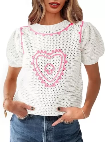 Saodimallsu Womens Valentines Sweater Top Heart Puff Short Sleeve Cute Crew Neck Crochet Going Out Loose Shirts