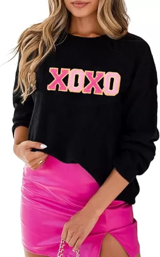 SELINK Women's Valentines Sweater Crew Neck XOXO Heart Print Casual Long Sleeve Pullover Tops Sweaters