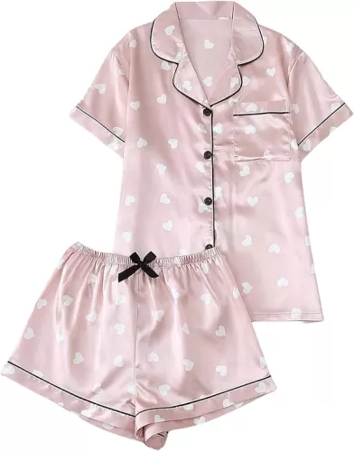 SHENHE Women's 2 Piece Satin Pajama Set Button Down Cute Heart Graphic Short Sleeve Shirts and Shorts