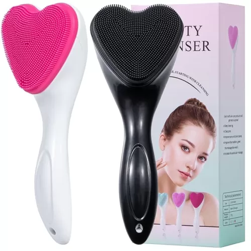 Silicone Face Scrubber Exfoliating Brush 2 Pack, Manual Handheld Facial Cleansing Brush Blackhead Scrubber, Soft Bristles Waterproof for Face Skincare (Black Hot-Pink, Heart)